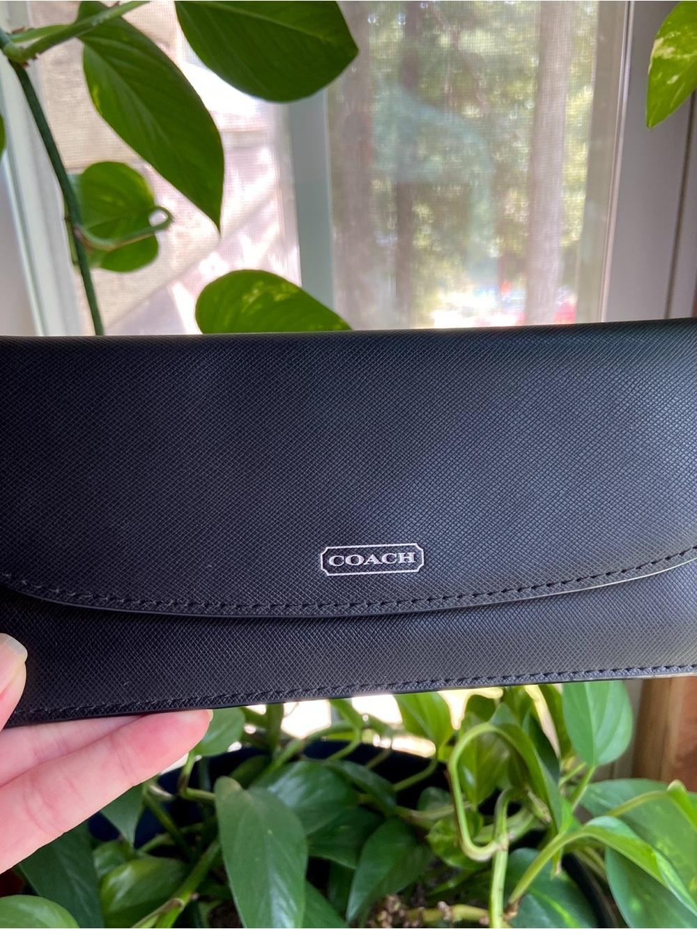 Authentic Coach Slim Flap Envelope Wallet in Black Saffiano Leather with Silver
